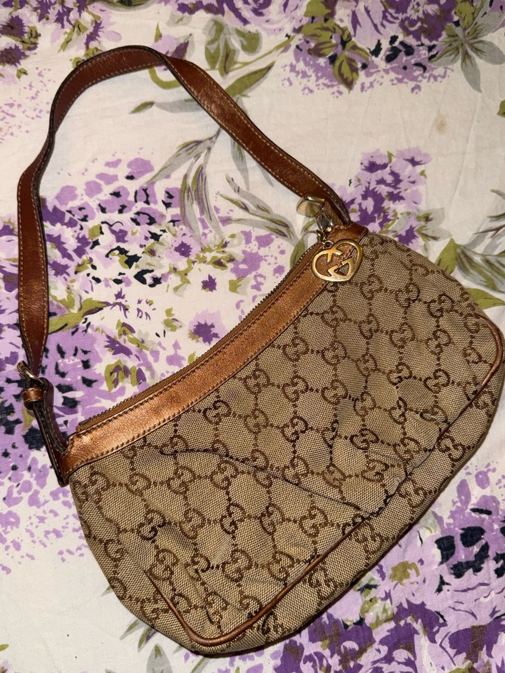 Gucci Tan/Brown Monogram Shoulder Bag with Gold Charm